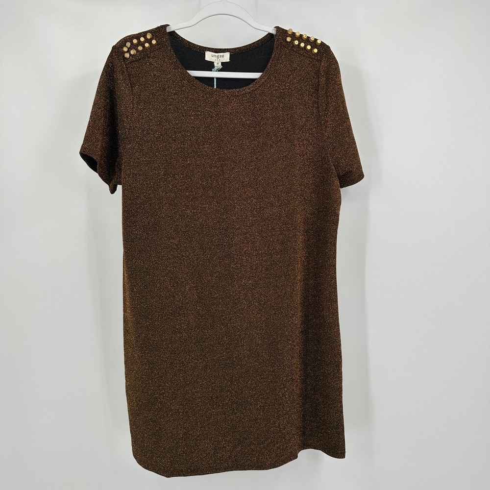 Umgee Women Bronze Metallic Studded Shoulder Mini Dress Sz M Edgy Rocker Sparkly